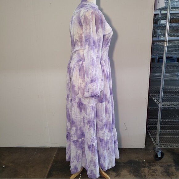 Bambah Purple White Tie Dye Pattern Chiffon Long Sleeve Maxi Dress XL? - Picture 3 of 9